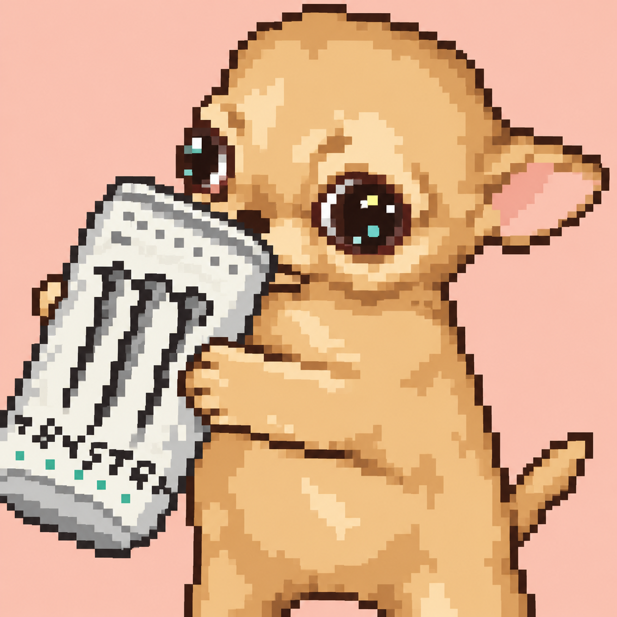 Monstihuahua, a golden pixel-art chihuahua with enormous sparkling eyes, holding an energy drink